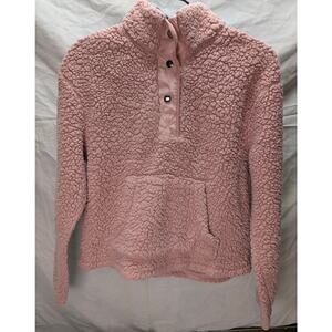 WALLFLOWER Women’s Pullover Quarter Snap Fluffy Sherpa Pink Jacket Front Pocket